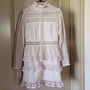 AQUA High neck Long sleeve Lace Tiered Mini Dress